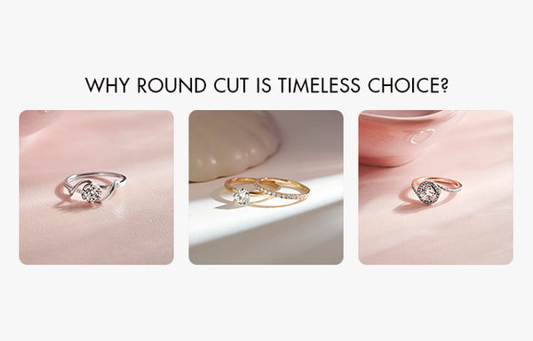 Three diamond rings with different settings on a light pink background, accompanied by text questioning why the round cut is a timeless choice.