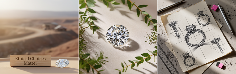 Three images: one of a scenic landscape, one of a diamond ring with leaves, and one of jewelry sketches on paper. Three images: one of a scenic landscape, one of a diamond ring with leaves, and one of jewelry sketches on paper.