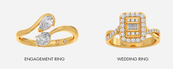 Two gold rings, one labeled 'Engagement Ring' and the other 'Wedding Ring', on a white background.