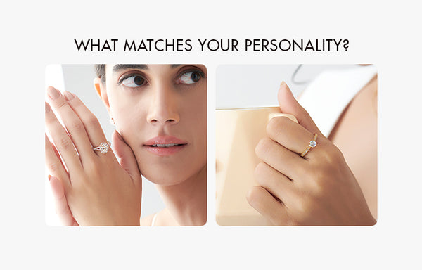 Two images of a woman wearing a ring, with text asking 'What matches your personality?'. Two images of a woman wearing a ring, with text asking 'What matches your personality?'.