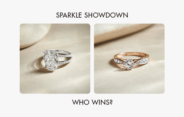 Two diamond rings on a beige background with text 'Sparkle Showdown' and 'Who Wins?'. Two diamond rings on a beige background with text 'Sparkle Showdown' and 'Who Wins?'.