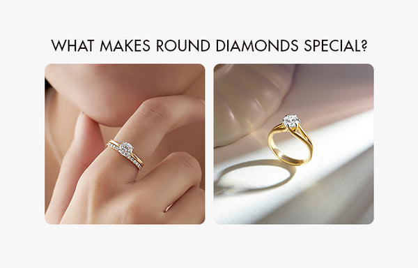 Two images of rings with round diamonds on a white background. Two images of rings with round diamonds on a white background.
