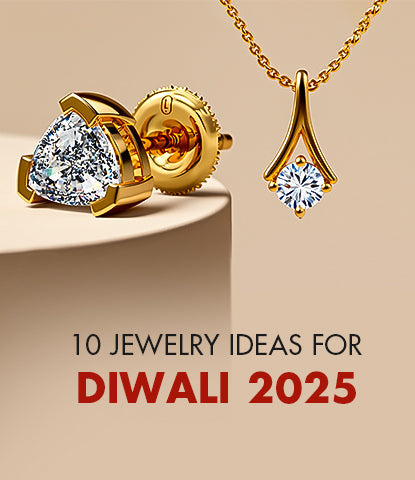 Gold earrings and necklace with '10 Jewelry Ideas for Diwali 2025' text on a beige background