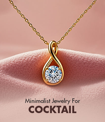Gold necklace with a diamond pendant on a pink fabric background, text 'Minimalist Jewelry For COCKTAIL' above.