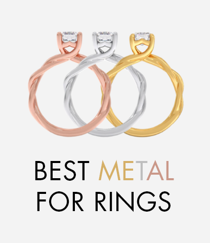Three rings in rose gold, silver, and yellow gold on a white background with text 'BEST METAL FOR RINGS'.