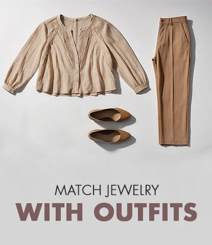 Beige top, pants, and shoes on a white background with text 'Match jewelry with outfits'.