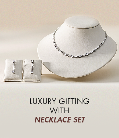 Necklace set on a mannequin and box with 'Luxury Gifting with Necklace Set' text.