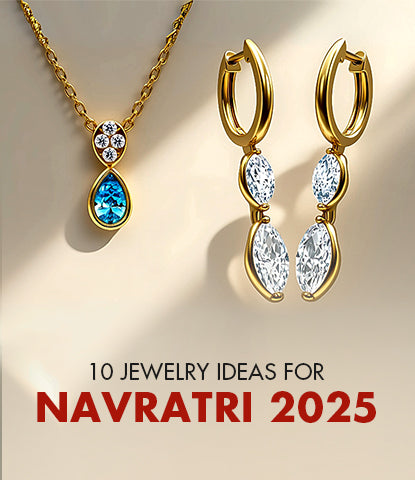 Jewelry set with gold necklace and earrings on a beige background, featuring text about Navratri 2025.