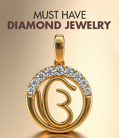 Gold necklace with a diamond pendant on a gold background with text 'Must Have Diamond Jewelry'.