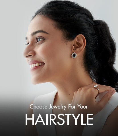 Woman with a styled hair and earring, with text 'Choose Jewelry For Your Hairstyle' on a light background