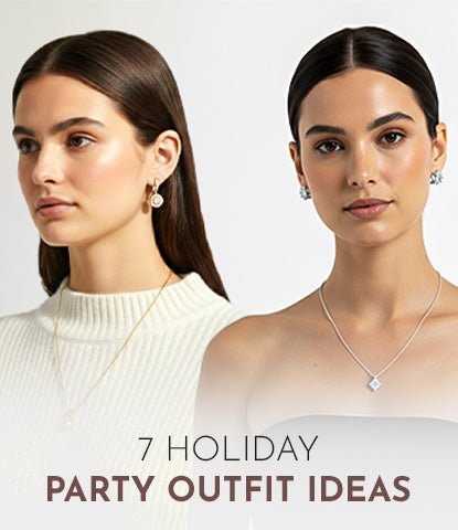 Two women wearing necklaces with text about holiday party outfit ideas on a light gray background