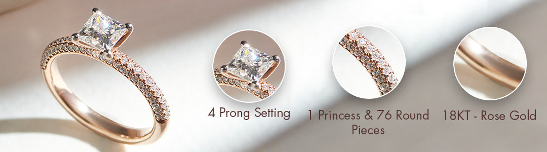 Rose gold ring with detailed specifications on a white background