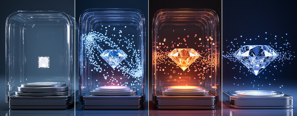 Four stages of a diamond being revealed in a clear container with light effects.