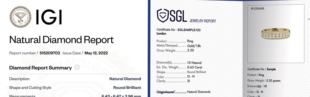 Diamond report with IGI and SGL logos and text on a white background