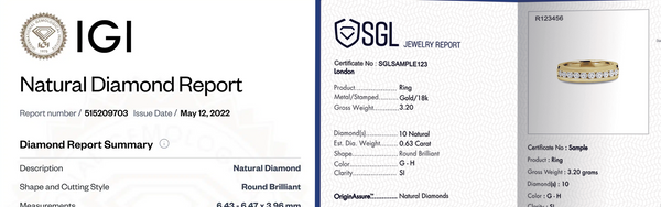 Diamond report with IGI and SGL logos and text on a white background