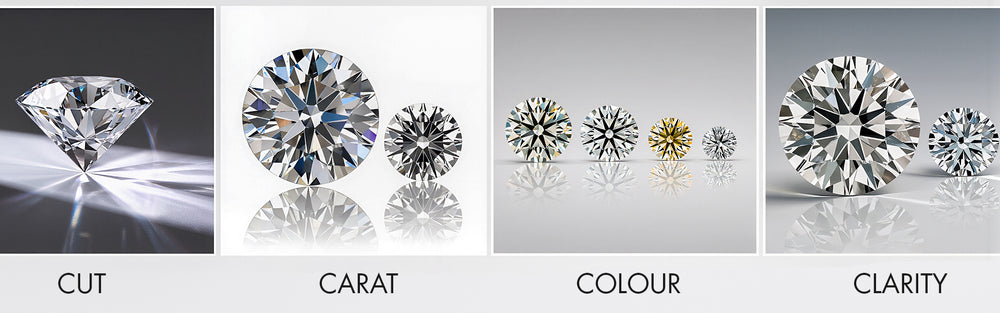 Diamond grading criteria including cut, carat, color, and clarity on a white background.