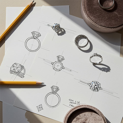 Jewelry sketches on a paper with a pencil and jewelry items on a table.