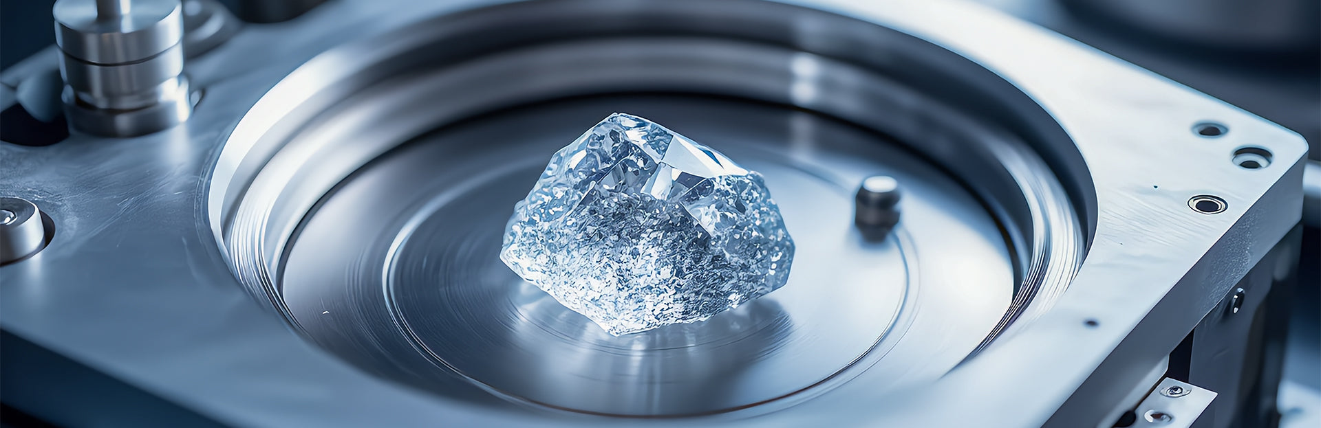 Raw diamond on a metal stand, likely in a laboratory setting