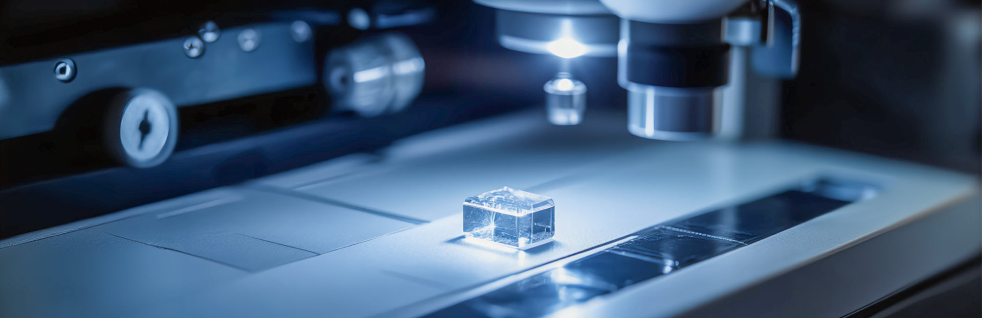Microscope examining a small block of diamond seed on a slide