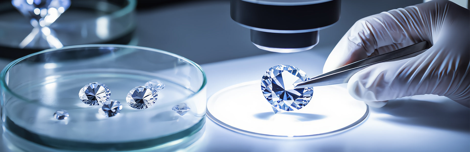 Diamonds being examined under a microscope with a gloved hand holding one of them.