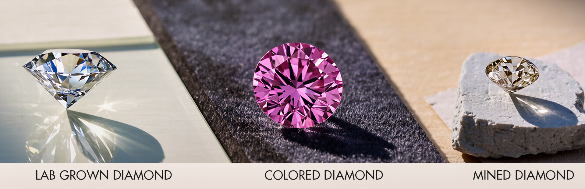Three diamonds labeled 'Lab Grown Diamond', 'Colored Diamond', and 'Mined Diamond' on a textured surface.