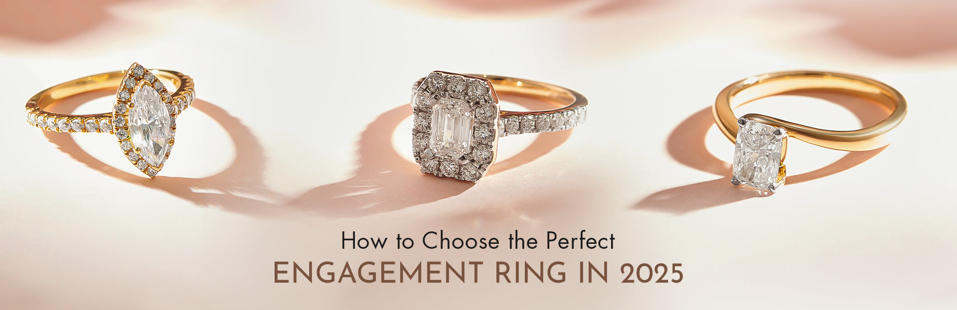 Three gold engagement rings on a soft pink background with text about choosing the perfect engagement ring.