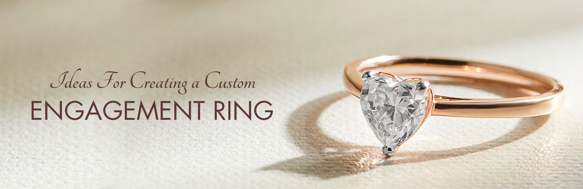 Heart-shaped diamond ring on a light background with text about custom engagement rings.