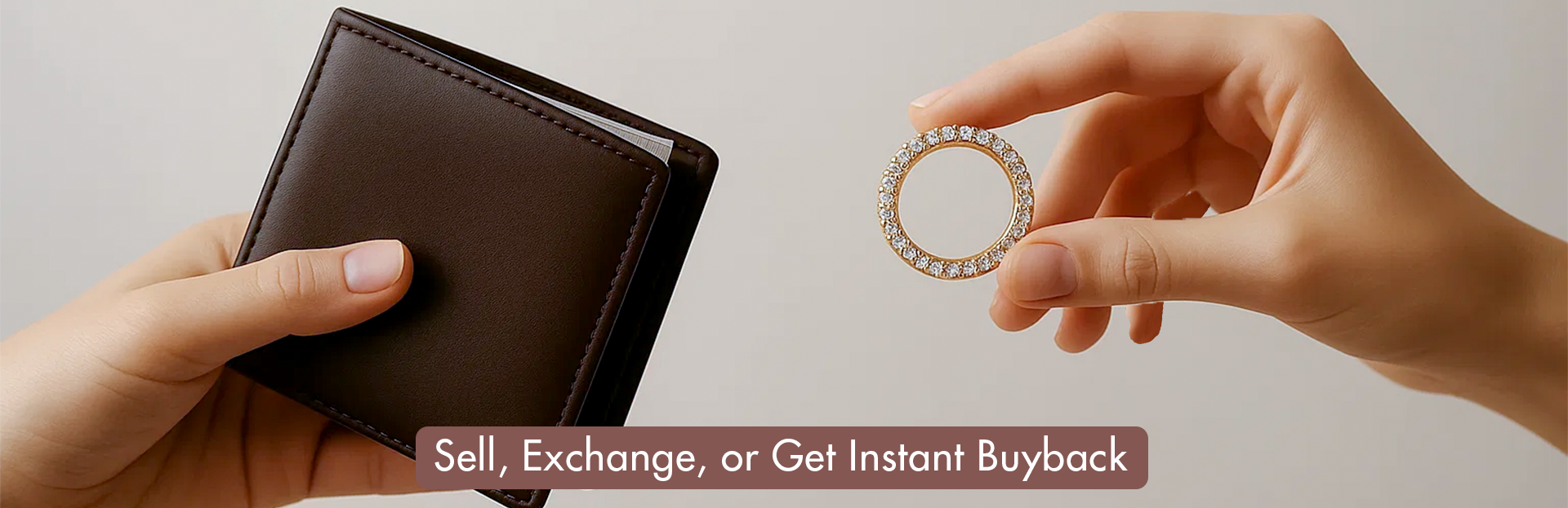 Brown wallet held by one hand and diamond ring held by another hand on a neutral background with text overlay.