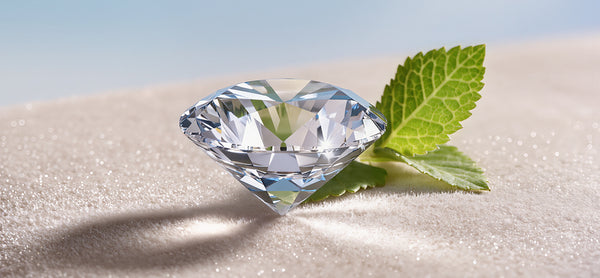 Diamond with a green leaf on a sandy surface
