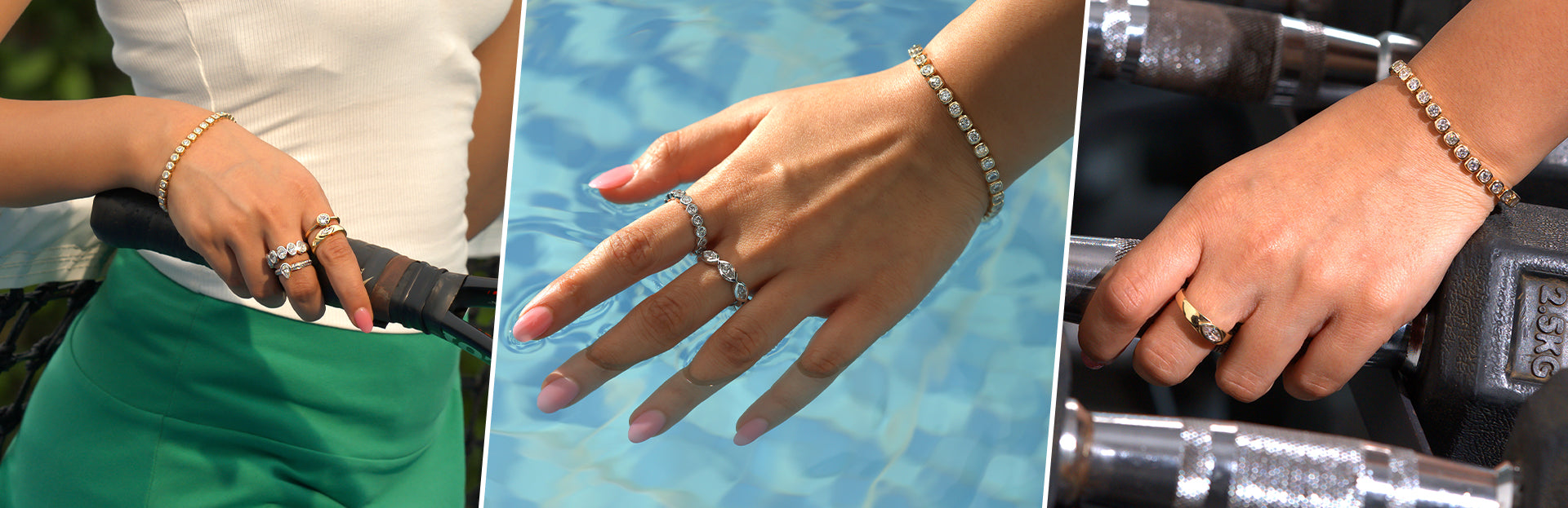 Collage of hands wearing rings with different backgrounds