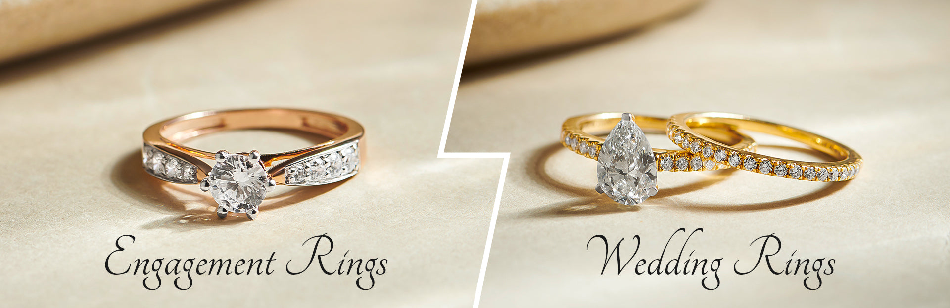 Two wedding rings with text labels 'Engagement Rings' and 'Wedding Rings' on a beige background.