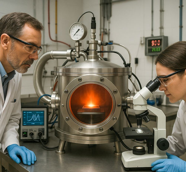 Two scientists working with a piece of laboratory equipment in a科研 setting