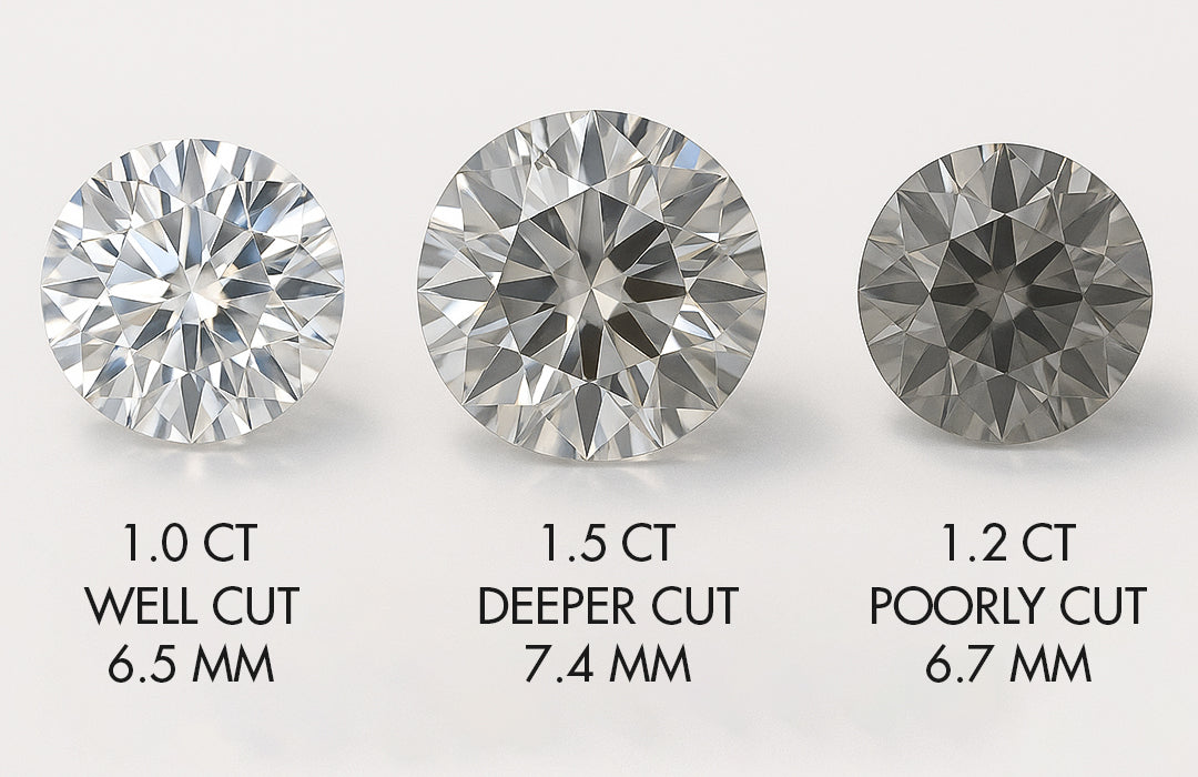 Three diamonds of different cuts and weights on a white background