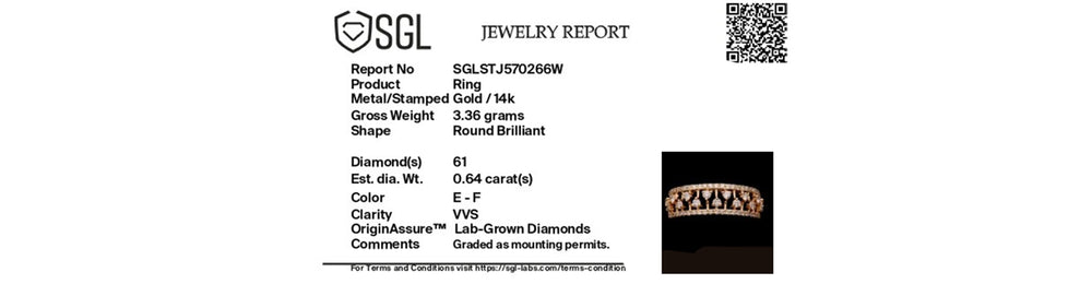 SGL jewelry report with diamond details and a QR code on a white background