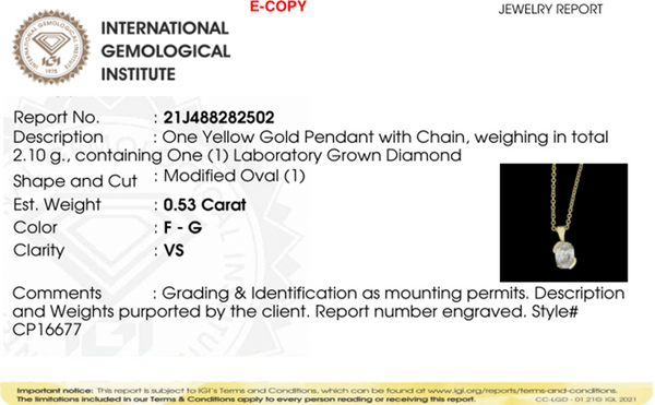 Jewelry report for a yellow gold pendant with chain and laboratory grown diamond from the International Gemological Institute.