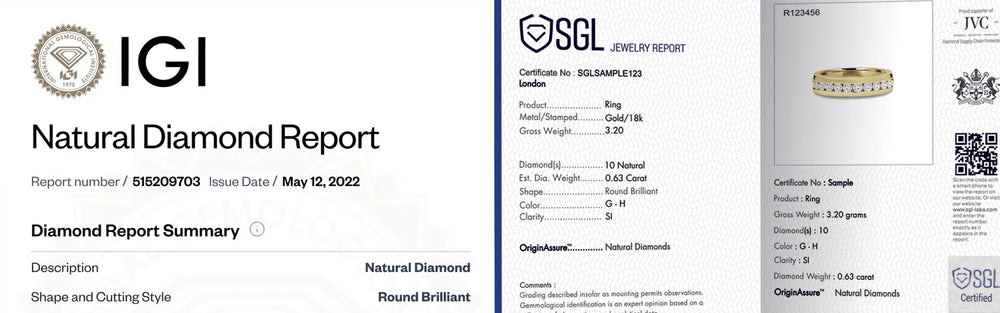 Diamond report with IGI and SGL logos and text on a white background