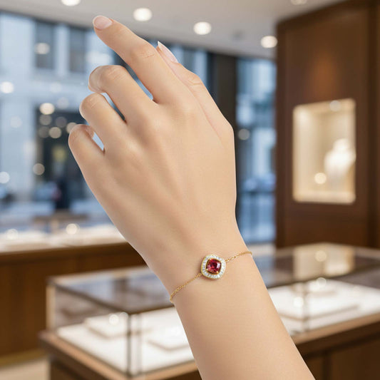 Red Cushion Halo Diamond Bracelet