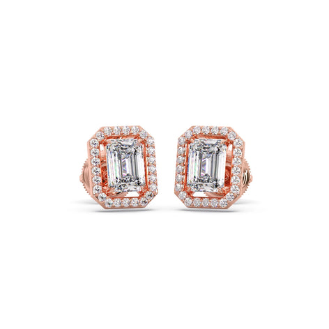 Halo Emerald Cut Diamond Stud Earrings