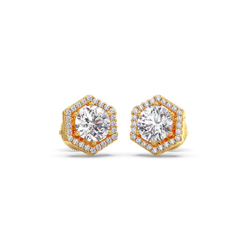 Hexagon Halo Round Diamond Stud Earrings