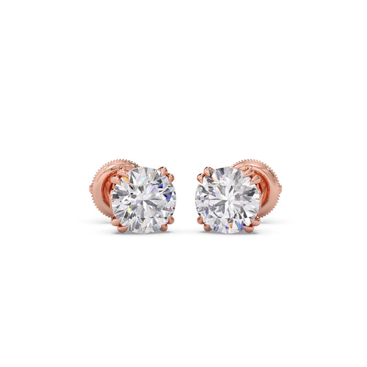 3 ct Classic Round Solitaire Diamond Stud Earrings - Rose