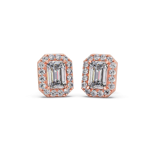 Classic Emerald & Round Halo Diamond Studs Earrings