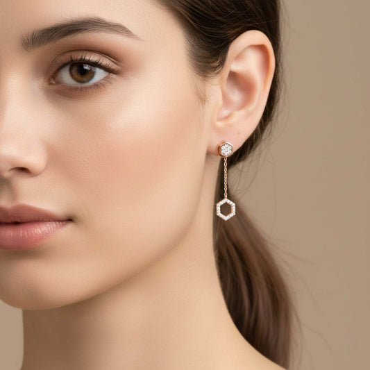 Gold Hexagon Diamond Dangle Earrings
