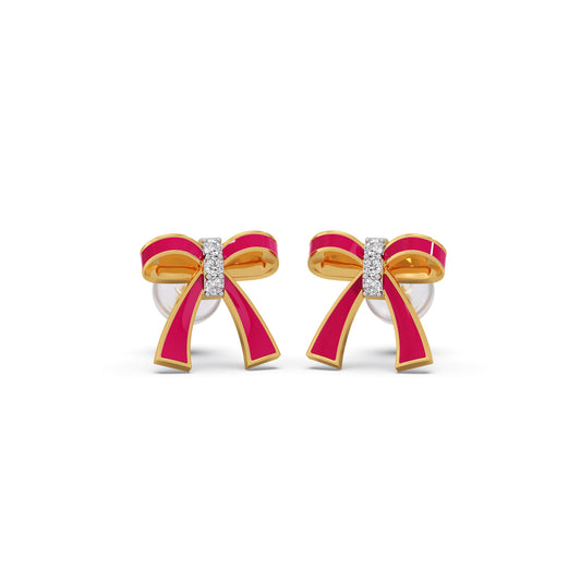 Pretty in Pink Enamel Bow Diamond Kids Earrings - Yellow
