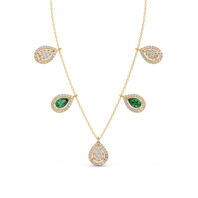 Round Diamond with Pear Shape Green Gemstone Necklace