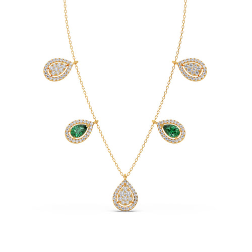 Round Diamond with Pear Shape Green Gemstone Necklace