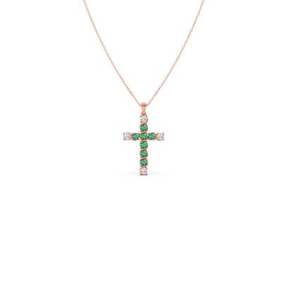 Round Diamond With Green Gemstone Cross Pendant