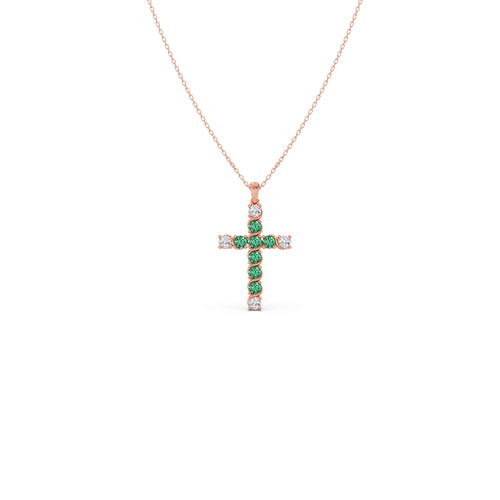 Round Diamond With Green Gemstone Cross Pendant