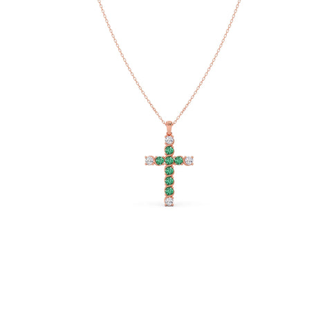 Round Diamond With Green Gemstone Cross Pendant