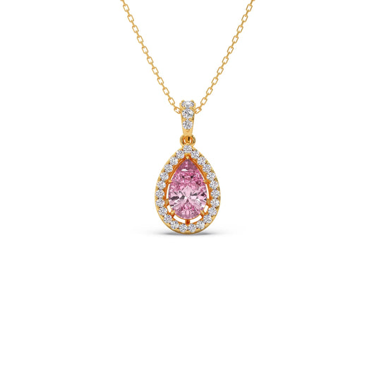 Round Diamond With Pear-Shaped Morganite Gemstone Halo Pendant - Yellow