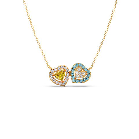 Twin Hearts Round Diamond with Gemstone Pendant Necklace